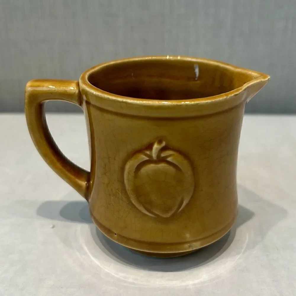 VTG Ceramic Measuring Cups 1/2 & 1 Cup Stamped JAPAN Brown Tan Fruit Apples Pear